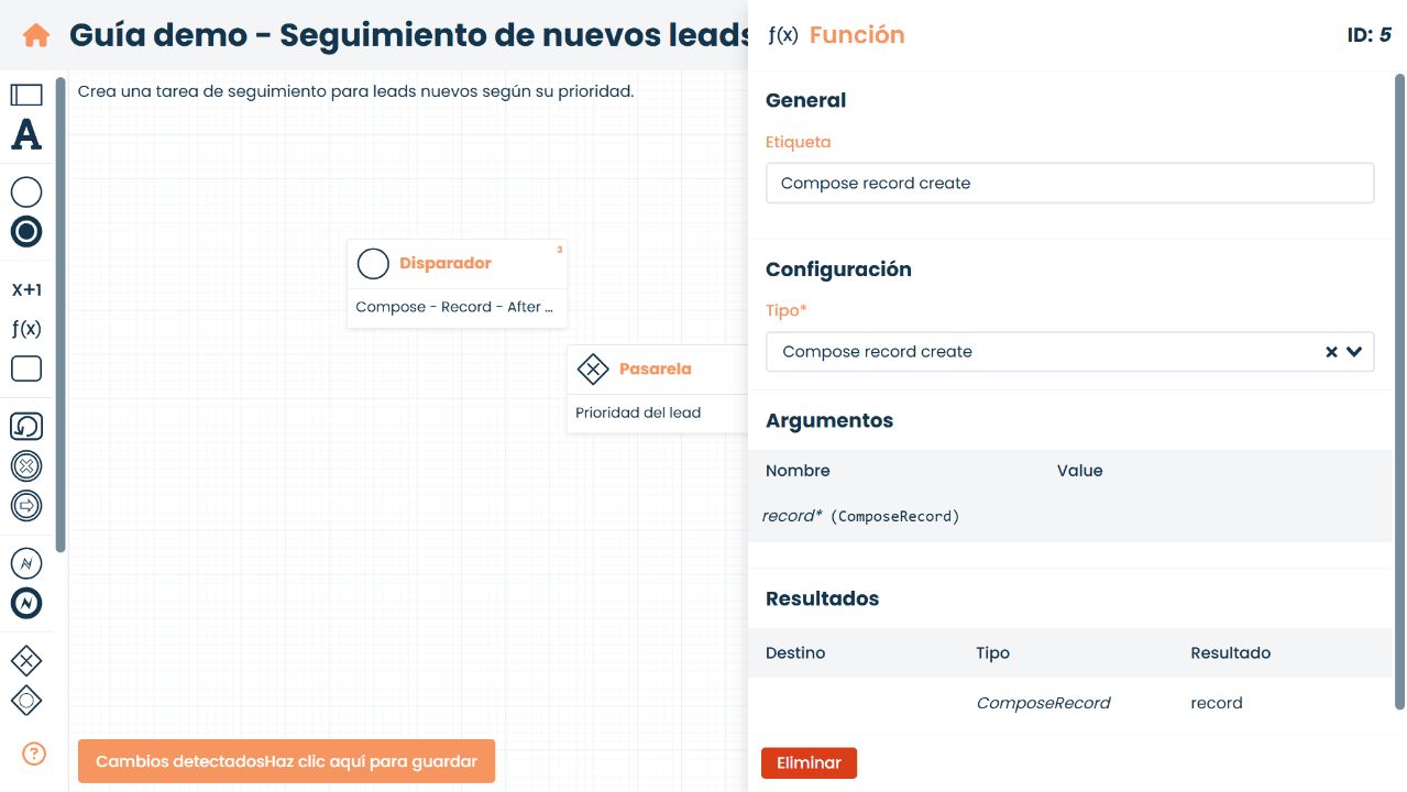 Configuración de una función Compose record create en Corteza con sus argumentos y resultado