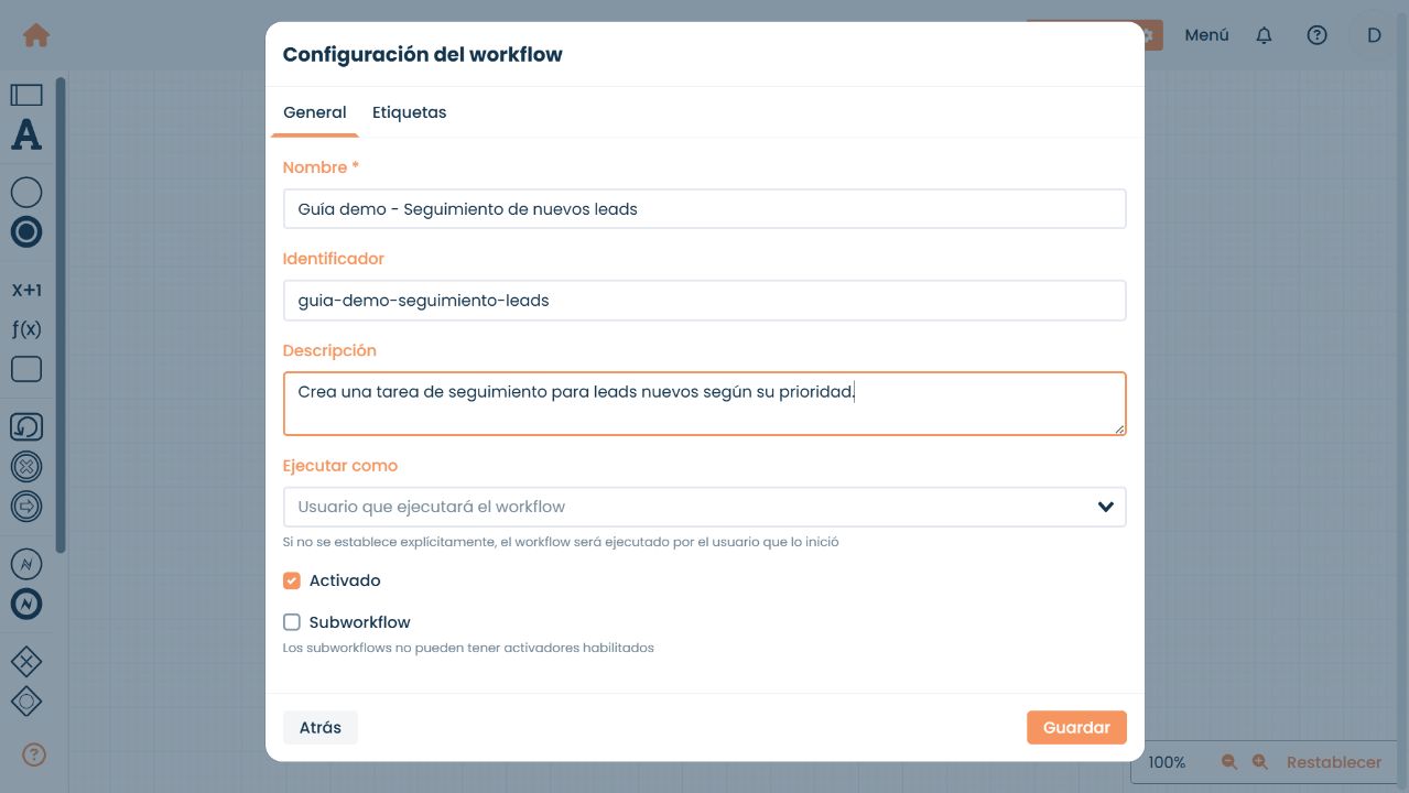 Formulario de configuración de un workflow en Corteza con nombre, identificador, descripción y estado activado