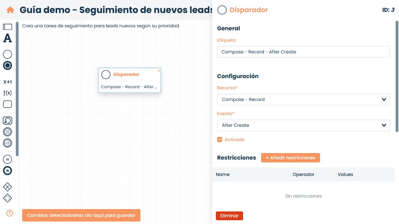 Configuración del trigger de Corteza con Compose Record, evento After Create y el trigger habilitado