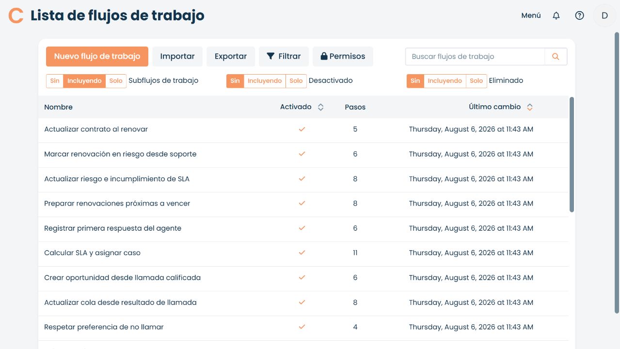 Lista de workflows de Corteza con las opciones para crear, importar, exportar y filtrar